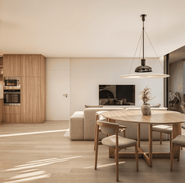 Bright and spacious living area with contemporary furniture and large windows in Viana do Castelo, P.