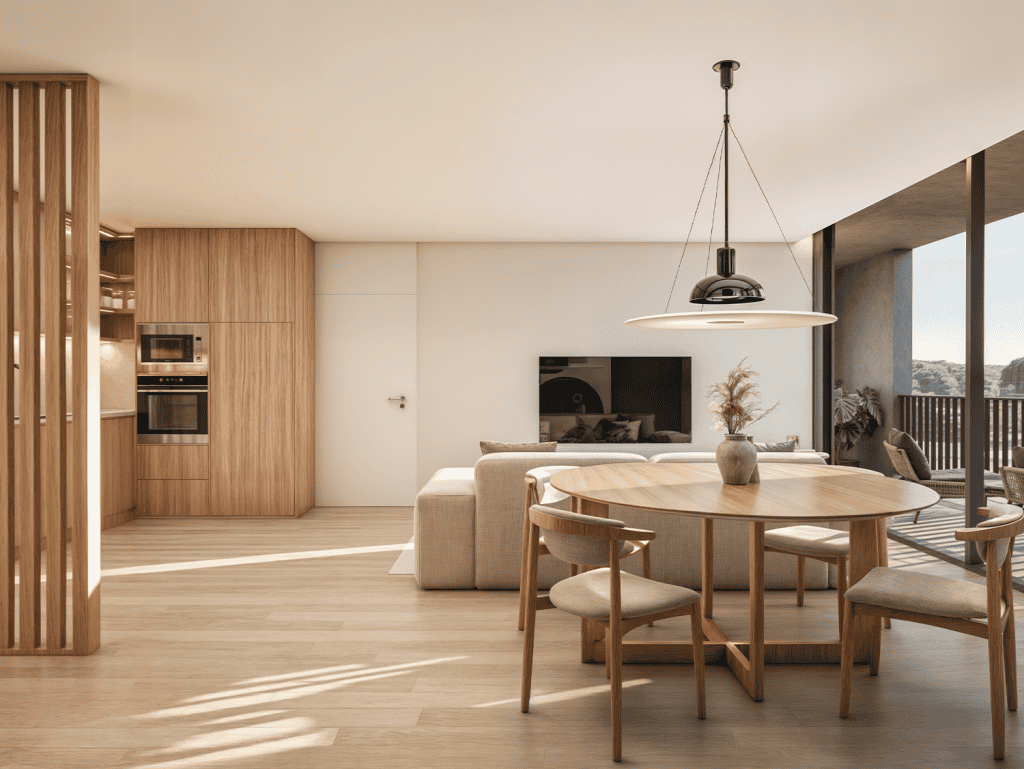 Bright and spacious living area with contemporary furniture and large windows in Viana do Castelo, P.