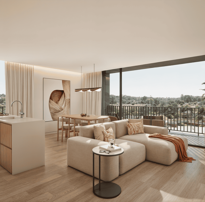 Bright, spacious interior with contemporary furniture and scenic views.