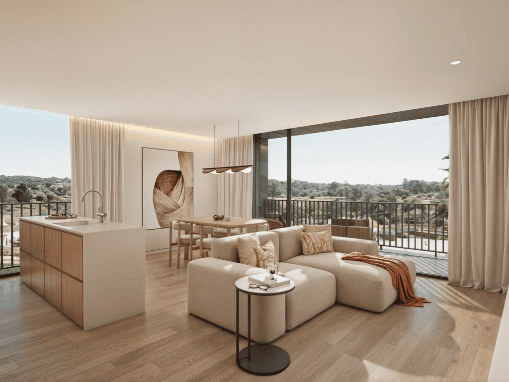 Bright, spacious interior with contemporary furniture and scenic views.