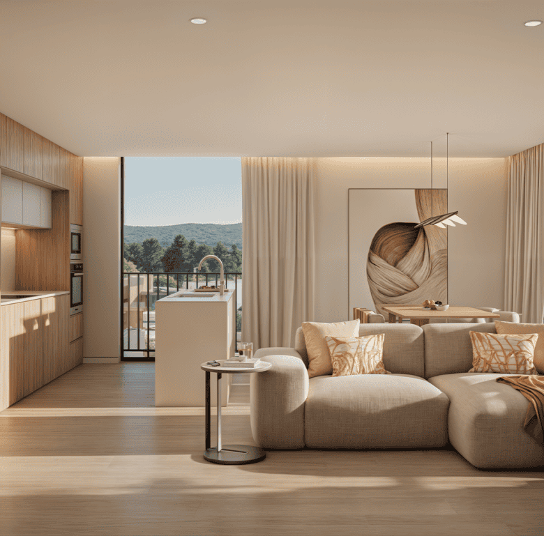 Stylish living space featuring large windows and scenic views of Viana do Castelo, Portugal, with co.