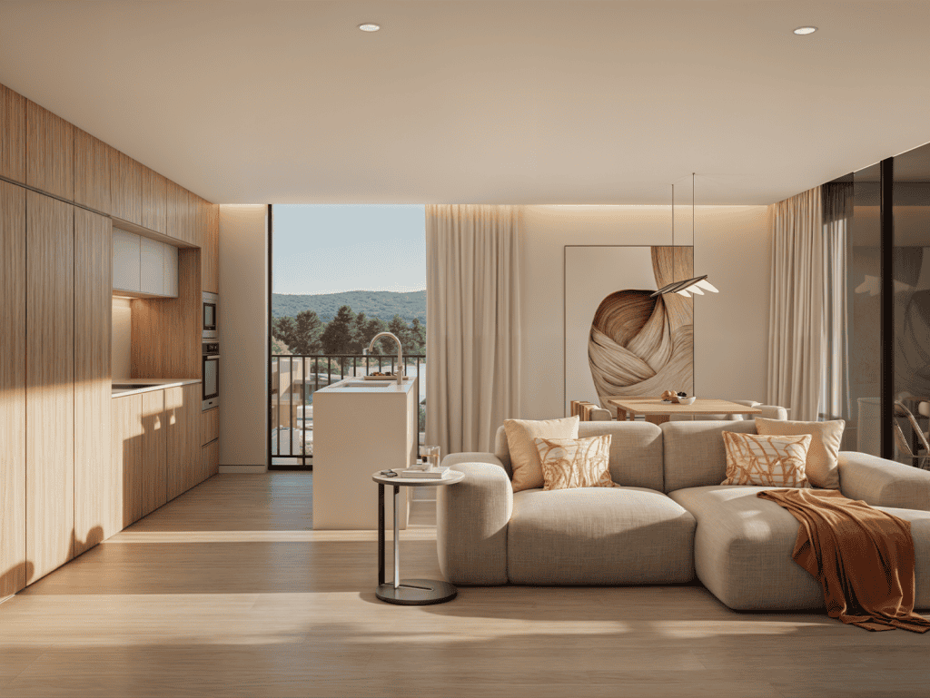 Stylish living space featuring large windows and scenic views of Viana do Castelo, Portugal, with co.