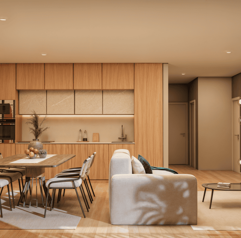 Contemporary living and dining room in Viana do Castelo, Portugal, featuring wooden accents, comfort.