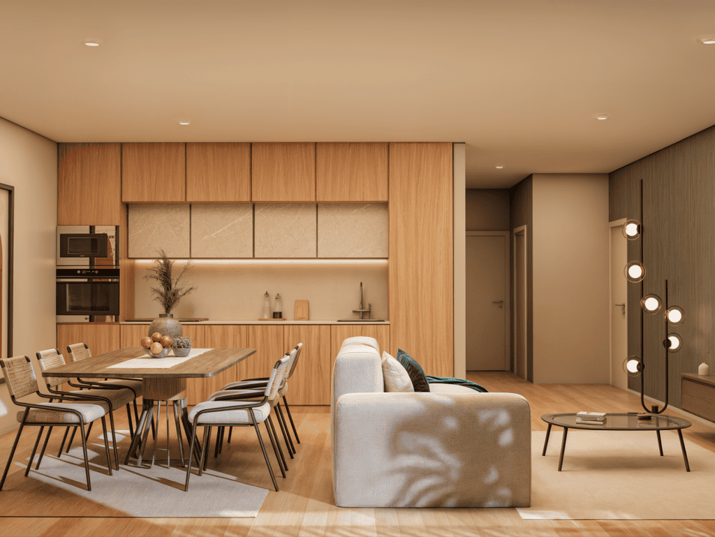 Contemporary living and dining room in Viana do Castelo, Portugal, featuring wooden accents, comfort.