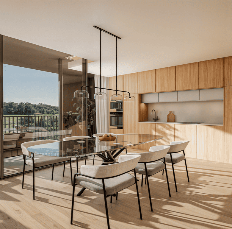 Bright, spacious living space with large glass doors opening to a balcony.