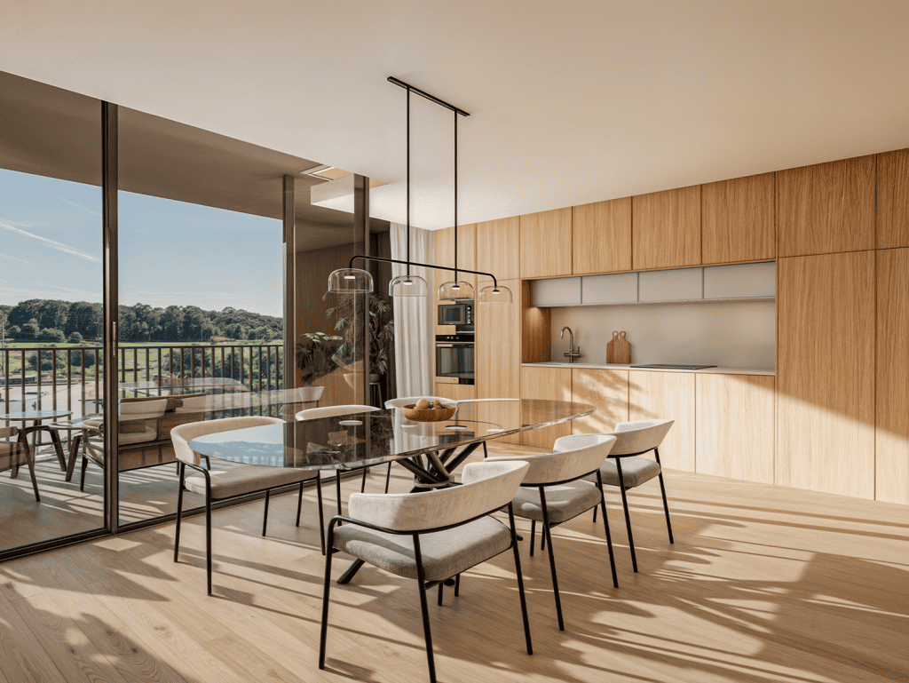 Bright, spacious living space with large glass doors opening to a balcony.