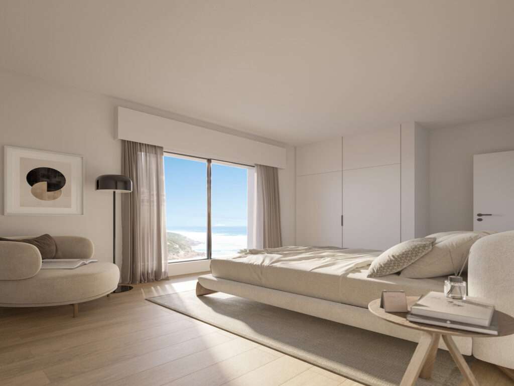 Sea view bedroom with large windows and minimalist decor in São Bernardino, Portugal.