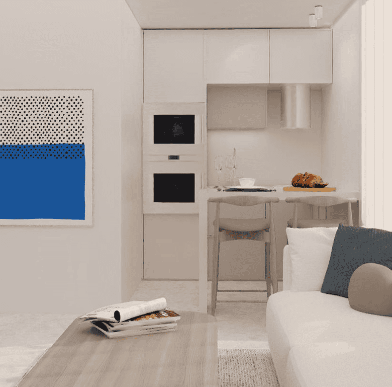 Elegant apartment interior with white walls, modern kitchen, and cozy seating area.