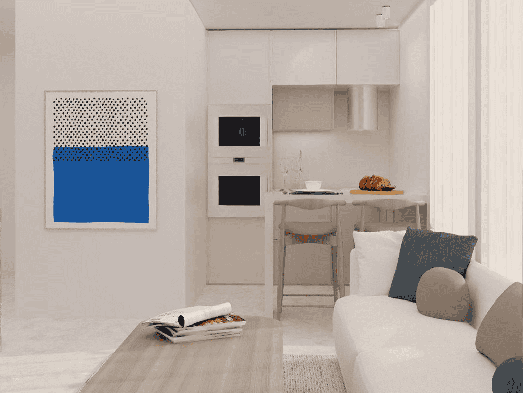 Elegant apartment interior with white walls, modern kitchen, and cozy seating area.