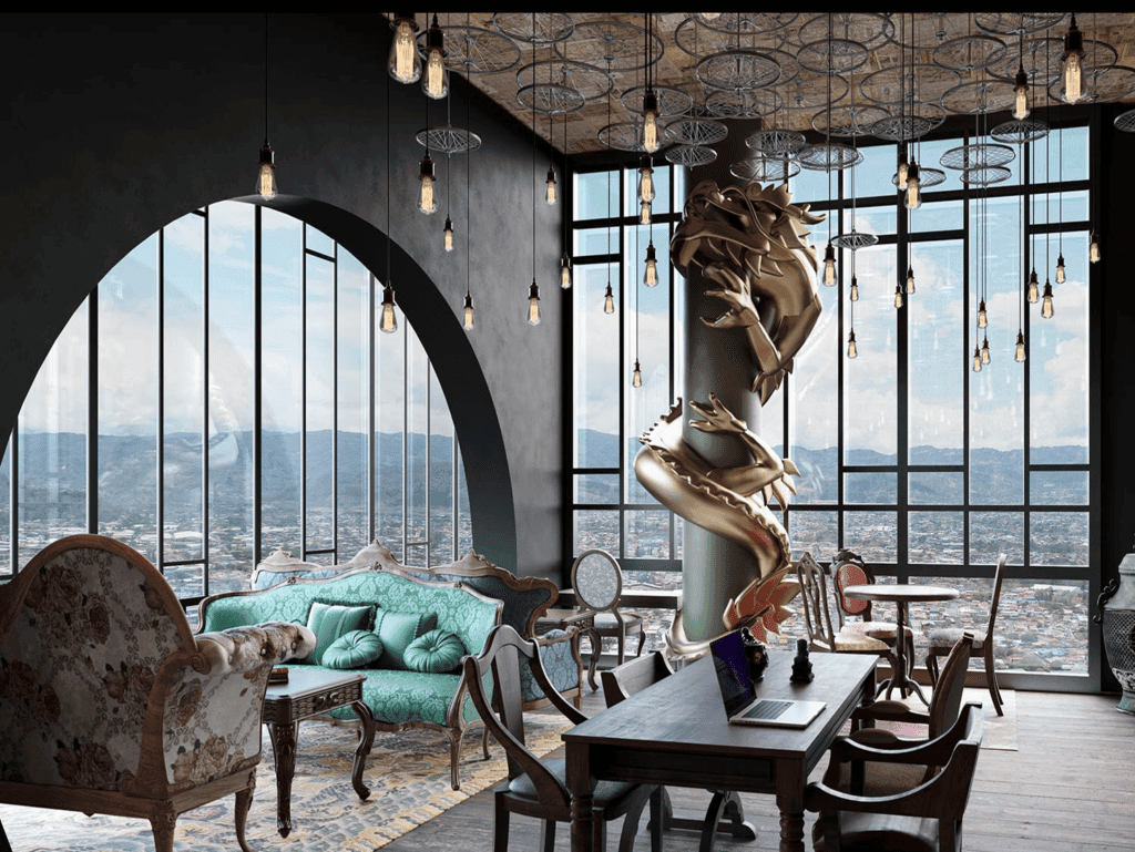Elegant interior with large windows and city views in Barrio Escalante, San Jose, Costa Rica.