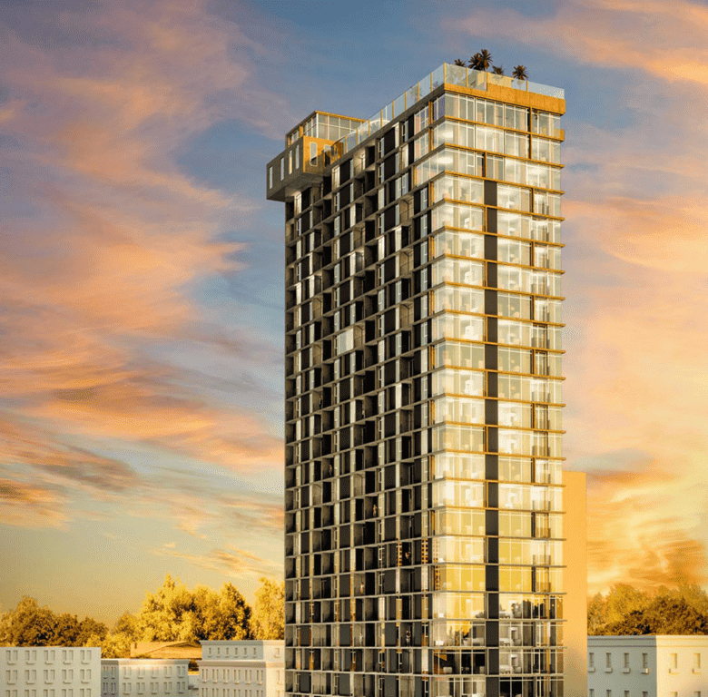 Apartment building in Barrio Escalante, San Jose, Costa Rica, during sunset.