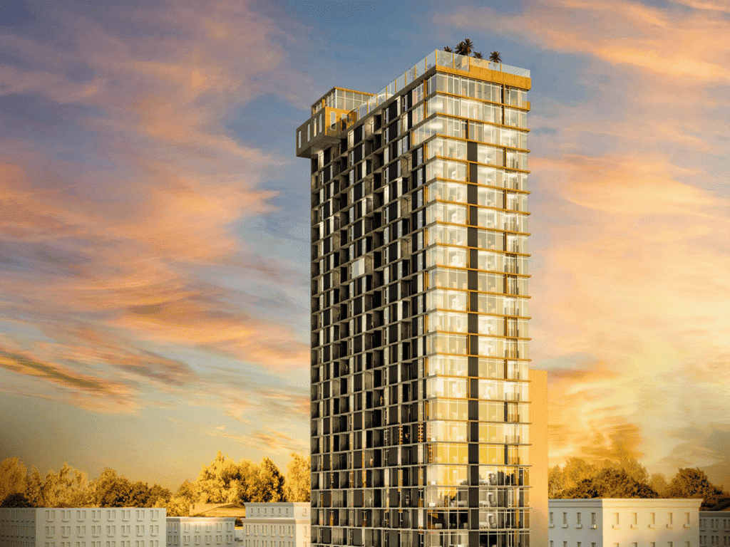 Apartment building in Barrio Escalante, San Jose, Costa Rica, during sunset.