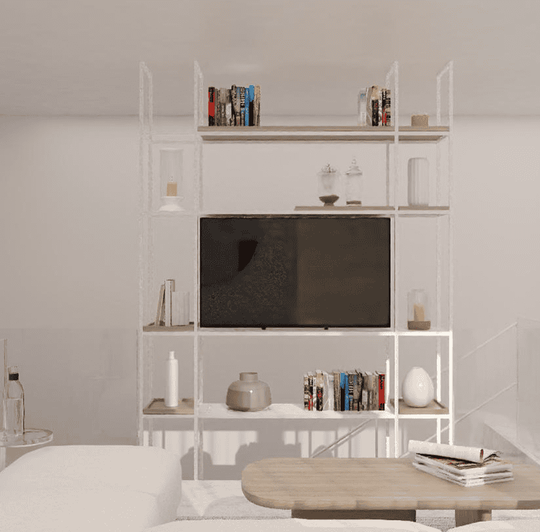 Modern living room with white shelving and TV setup.