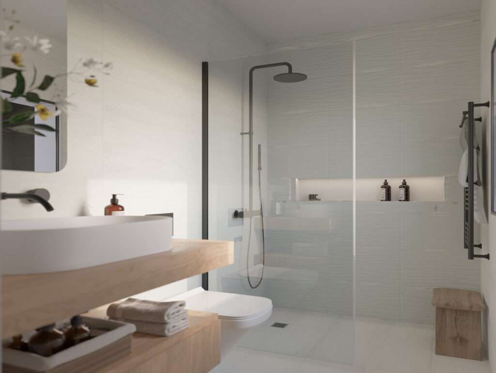 Contemporary bathroom featuring a walk-in shower, sleek fixtures, and natural light.