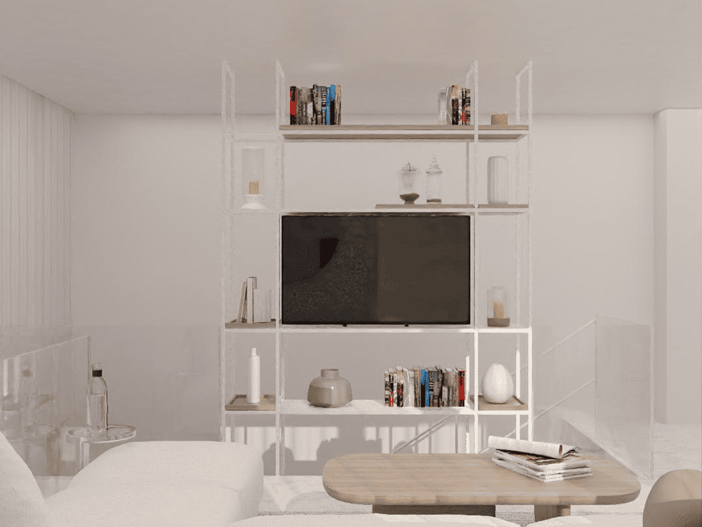 Modern living room with white shelving and TV setup.