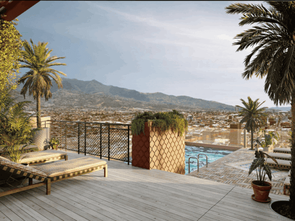 Panoramic balcony overlooking San Jose city and surrounding mountains in Barrio Escalante.
