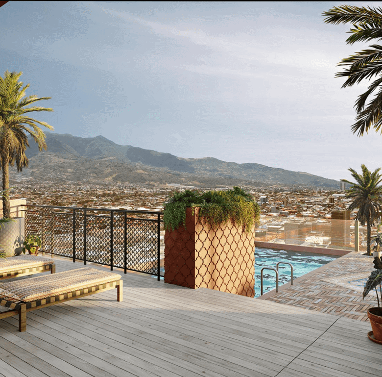 Panoramic balcony overlooking San Jose city and surrounding mountains in Barrio Escalante.