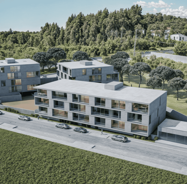 Modern residential complex in Viana do Castelo, Portugal with contemporary design and scenic surroun.