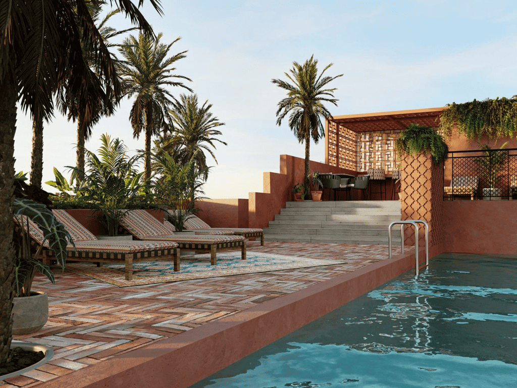 Relaxing pool area with sun loungers and tropical palm trees in Barrio Escalante, San Jose, Costa Ri.