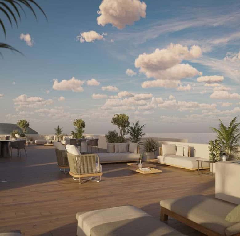 Scenic rooftop terrace with sunset views in Sao Bernardino, Portugal.