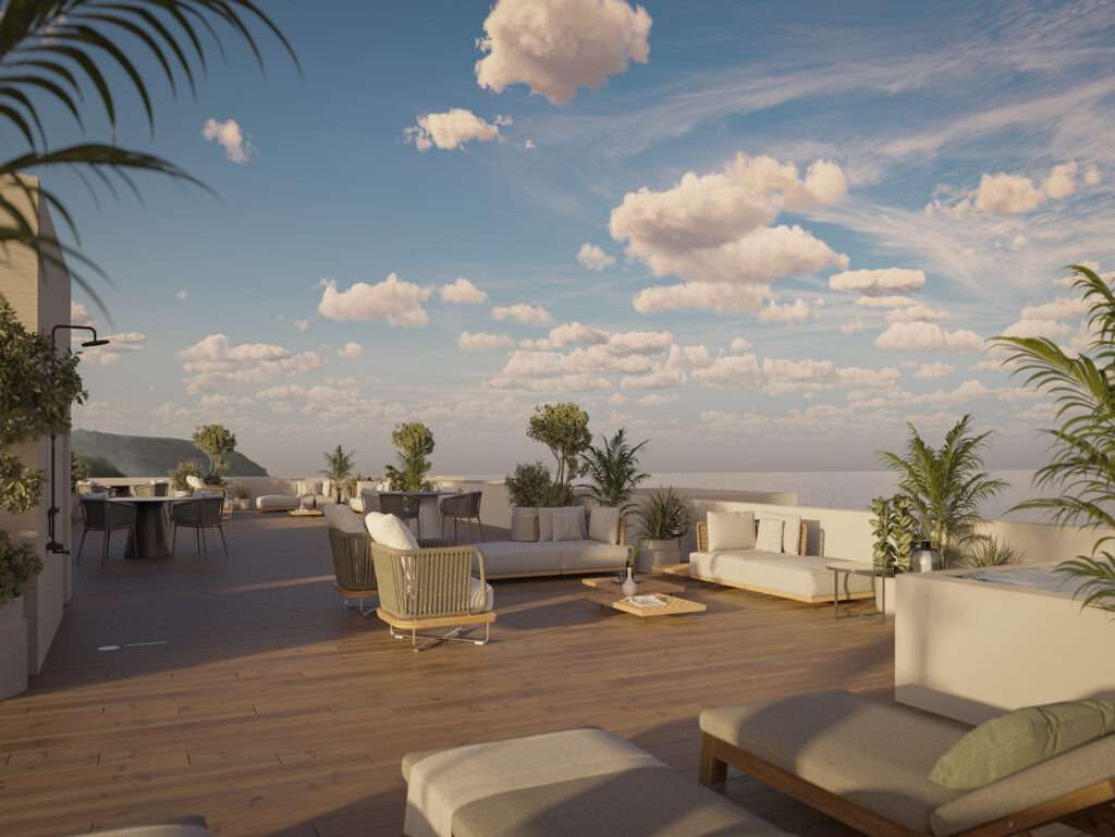 Scenic rooftop terrace with sunset views in Sao Bernardino, Portugal.