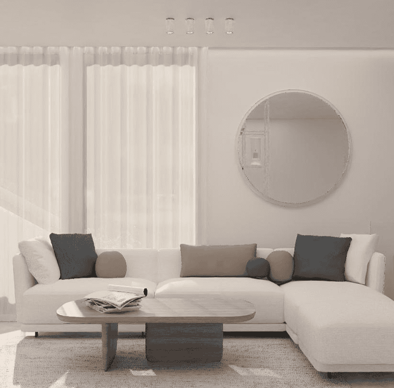 Bright and airy living room with white decor and comfortable seating in Chamolia Beach, Athens, Gree.
