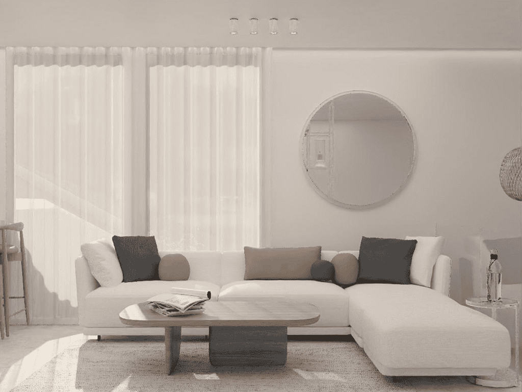 Bright and airy living room with white decor and comfortable seating in Chamolia Beach, Athens, Gree.