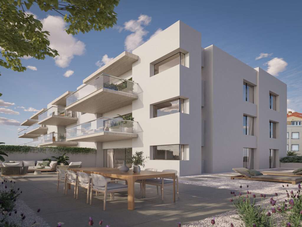 Modern white apartment building in Sao Bernardino, Portugal with spacious balconies and outdoor seat.