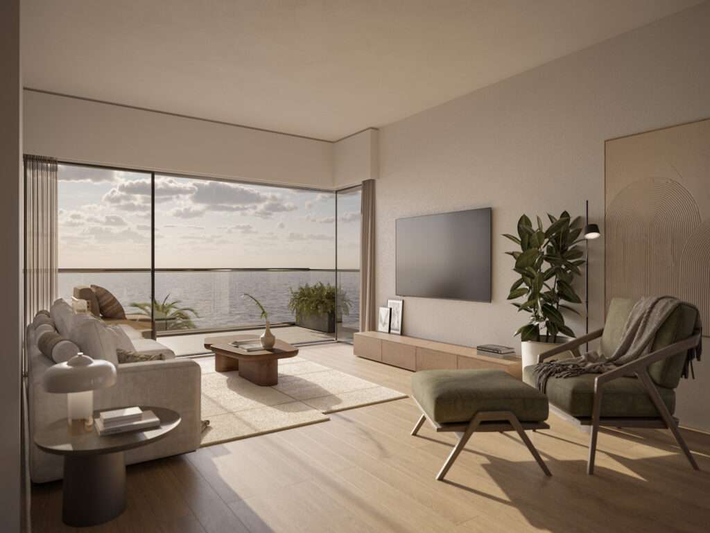 Ocean view living room with modern furniture in São Bernardino, Portugal.