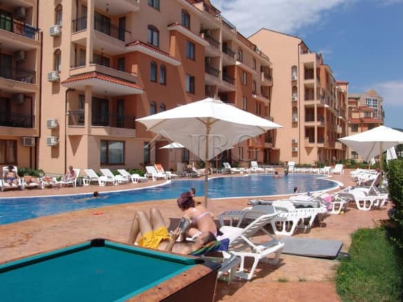 Poolside view of apartments at Kassandra Sunny Beach complex, Bulgaria.