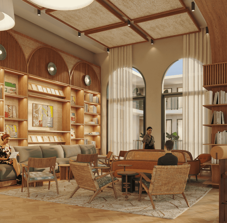 Elegant hotel lobby with contemporary design, high ceilings, and large windows in La Central, Panama.