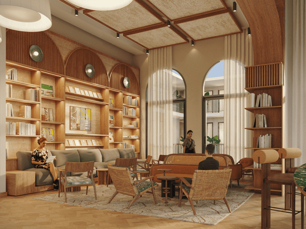 Elegant hotel lobby with contemporary design, high ceilings, and large windows in La Central, Panama.