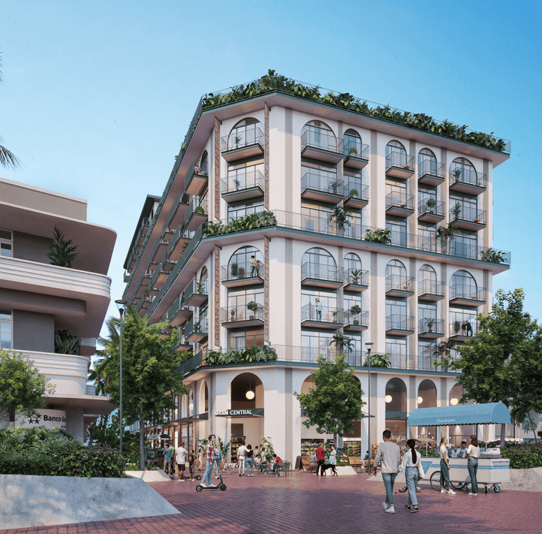 Elegant La Central residential building in Panama City with balconies and lush rooftop gardens.