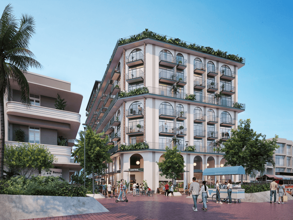 Elegant La Central residential building in Panama City with balconies and lush rooftop gardens.