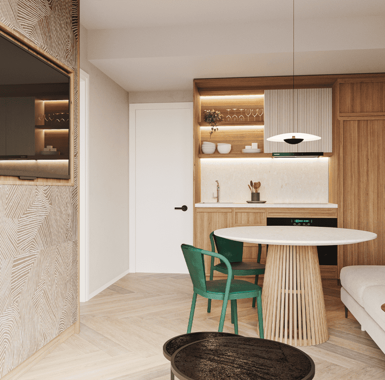 Contemporary Panama City apartment interior featuring a dining area, sofa, and modern decor.