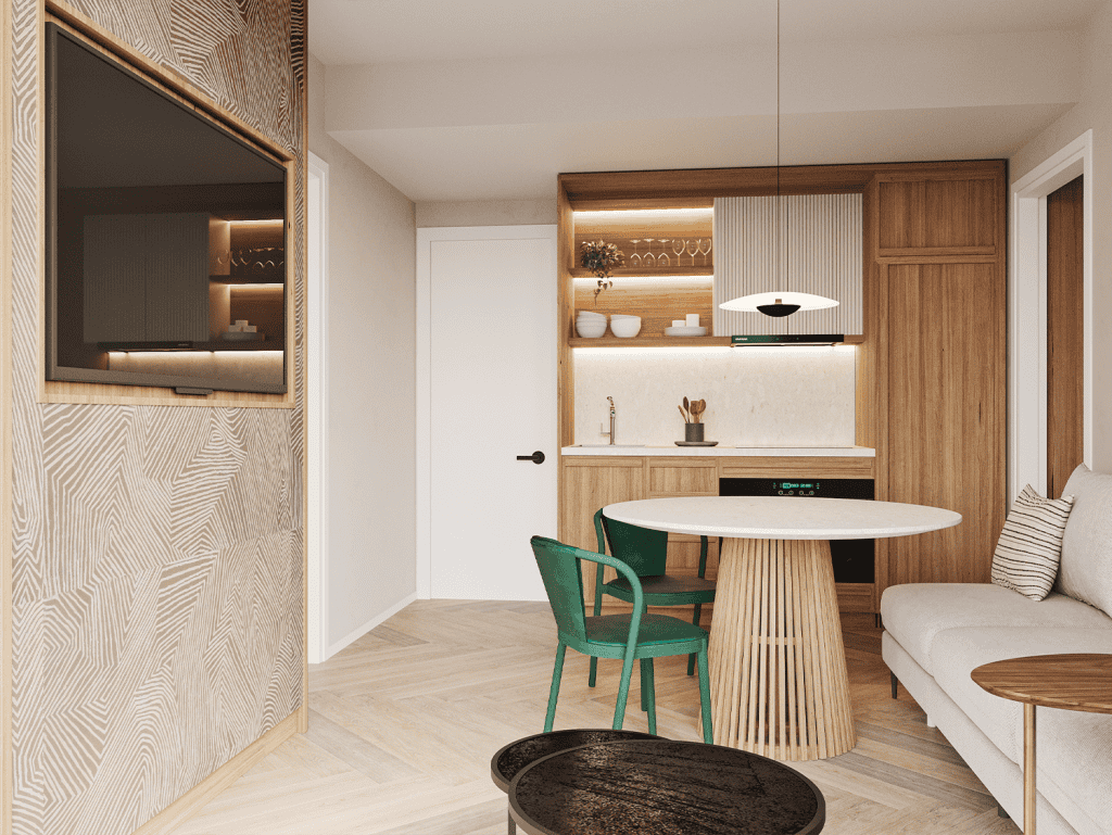 Contemporary Panama City apartment interior featuring a dining area, sofa, and modern decor.