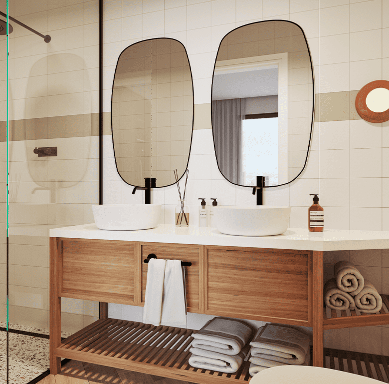 Elegant bathroom with dual sinks, mirrors, and contemporary decor in Panama City.