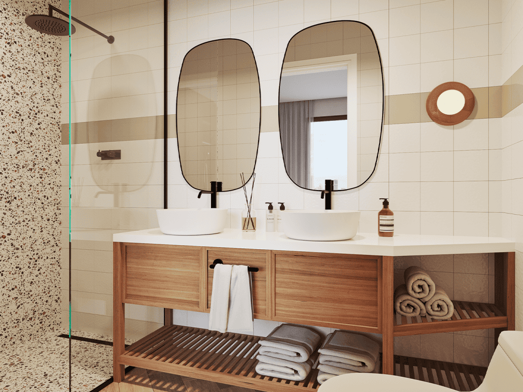 Elegant bathroom with dual sinks, mirrors, and contemporary decor in Panama City.