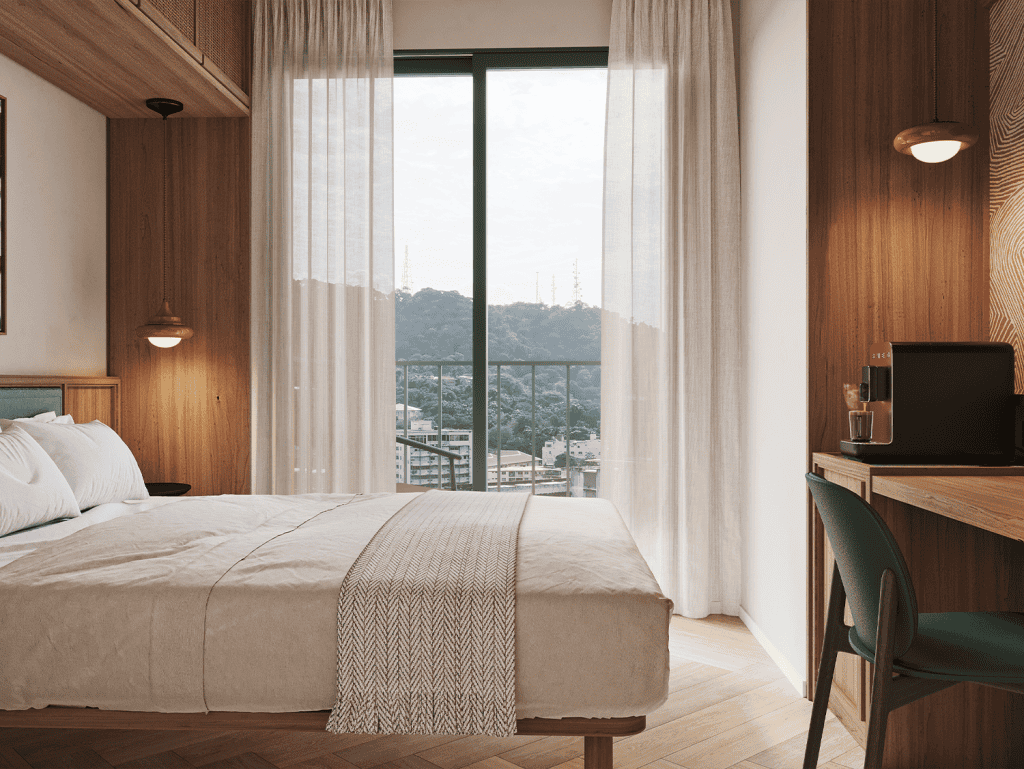 Spacious hotel bedroom featuring a large window with city views in La Central, Panama City.