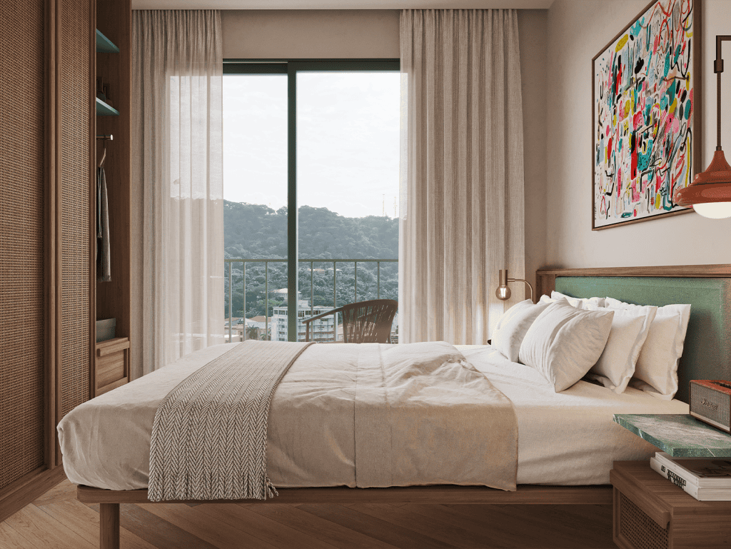 Bright bedroom with large window overlooking Panama City skyline and lush green hills.