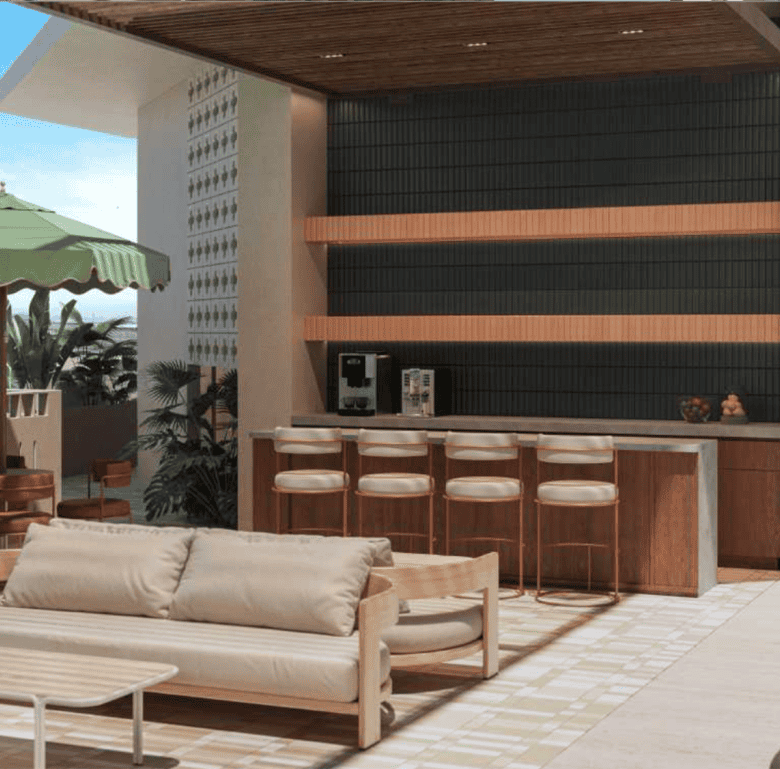 Relaxing outdoor seating with bar and shaded patio in La Union, Panama City.