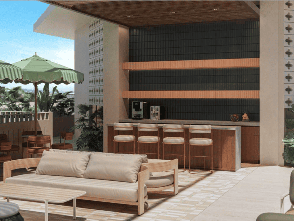 Relaxing outdoor seating with bar and shaded patio in La Union, Panama City.