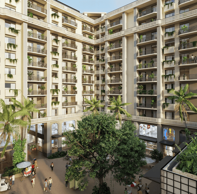 Modern apartment building in Panama City with balconies and tropical landscaping.