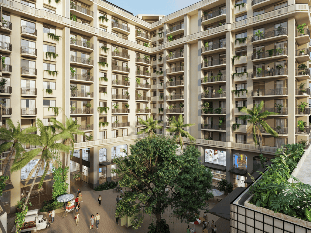 Modern apartment building in Panama City with balconies and tropical landscaping.
