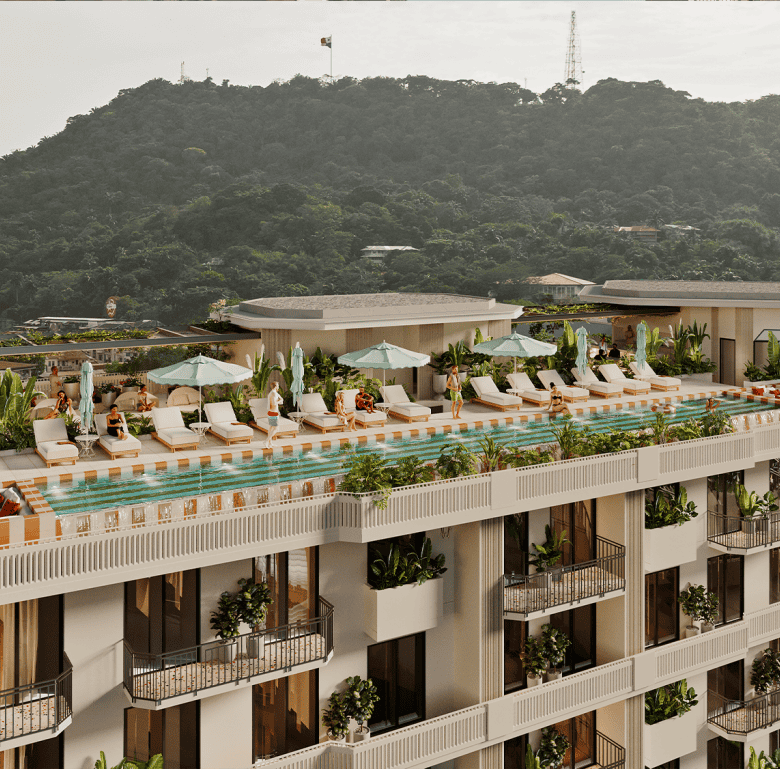 Modern apartment building with rooftop pool and lounge area in Panama City, Panama.
