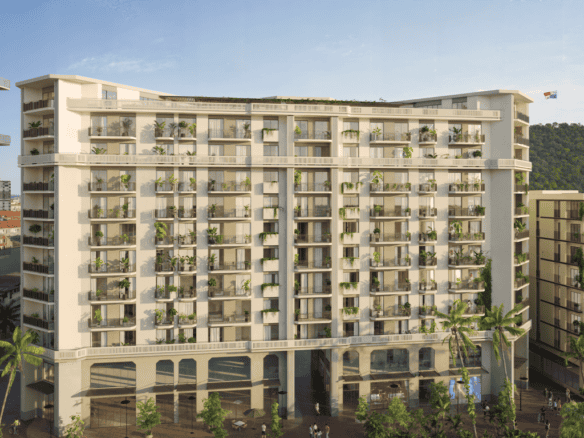 Residential building in La Union, Panama City, Panama with balconies and lush greenery.