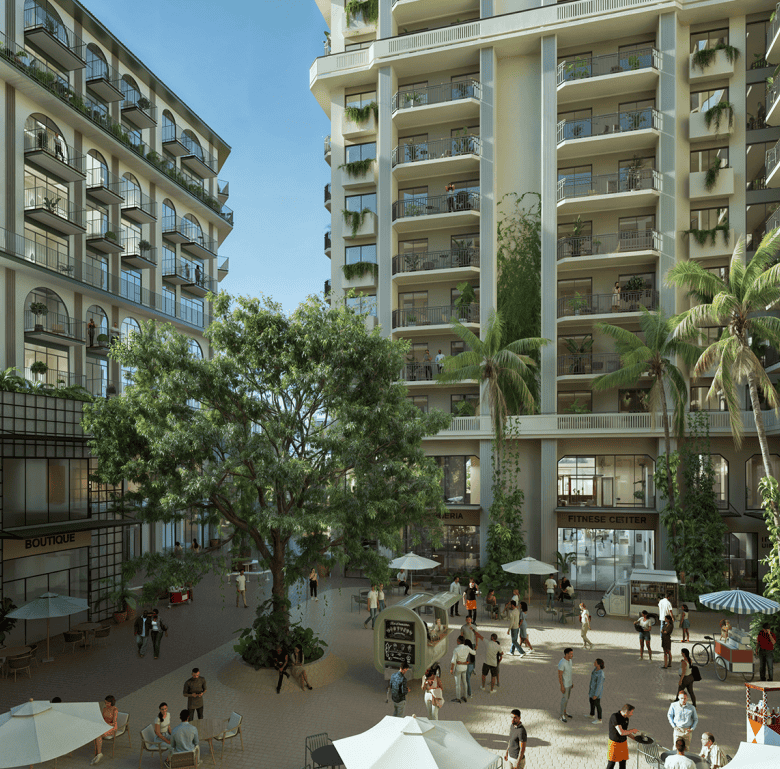 Contemporary apartment complex with lush greenery and outdoor communal spaces.