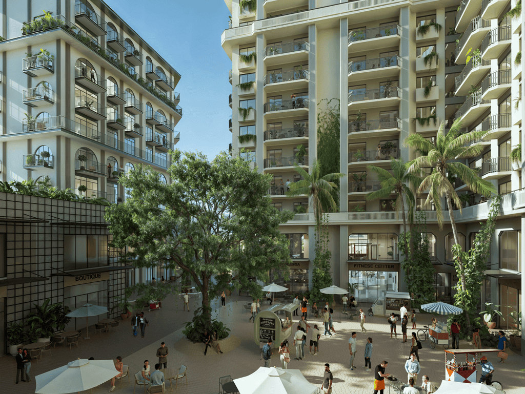 Contemporary apartment complex with lush greenery and outdoor communal spaces.
