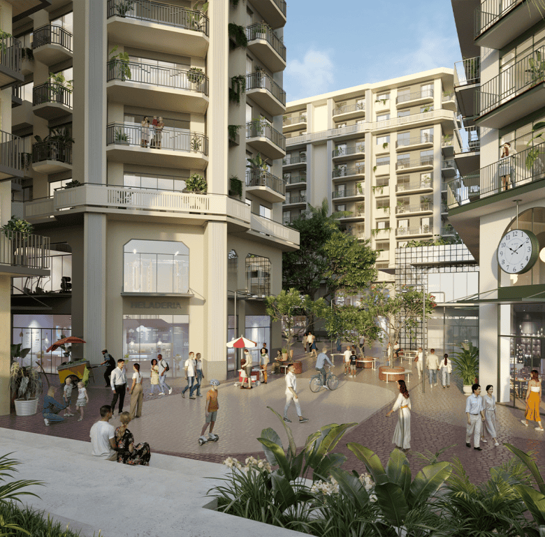 Luxury apartments with vibrant community spaces and lush greenery.