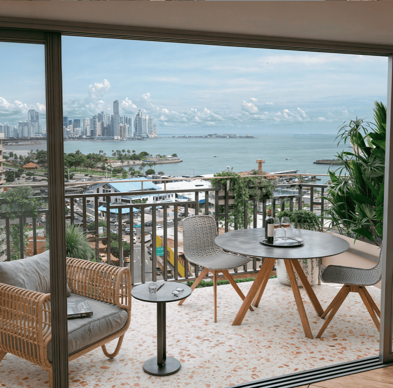Balcony overlooking La Union, Panama City with city skyline and ocean view.